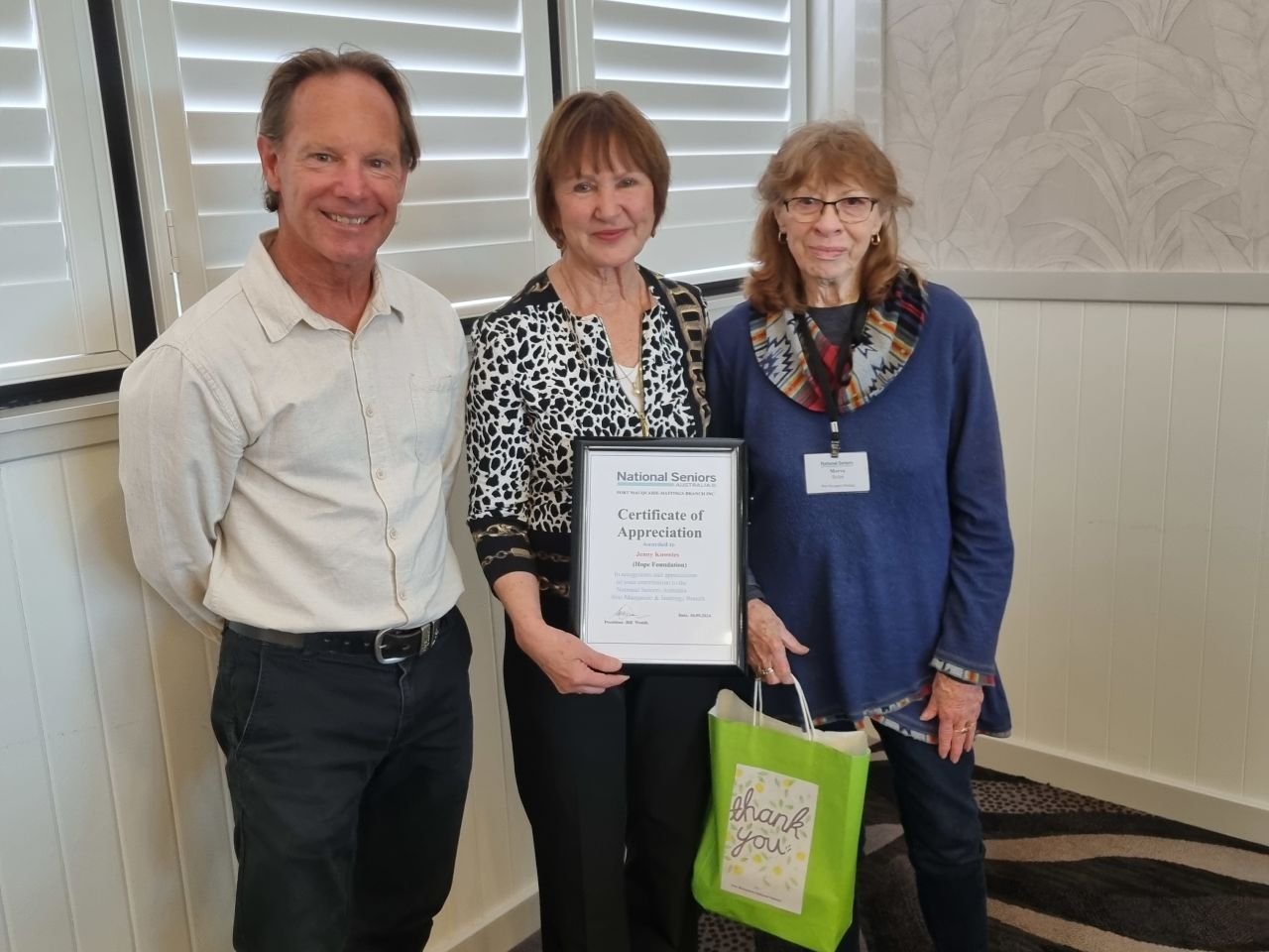 Our guest speaker at our Sept meeting was Jenny Knowles from The Hope Foundation our 2024 charity. Jenny was assisted by Pastor Mark Vander Veer. Morva Belot (on right) thanked our speakers. 10/9/24