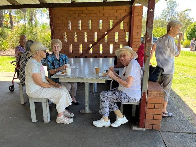 Members & guests enjoying morning tea at Gatton during our December 2025 day-bus trip