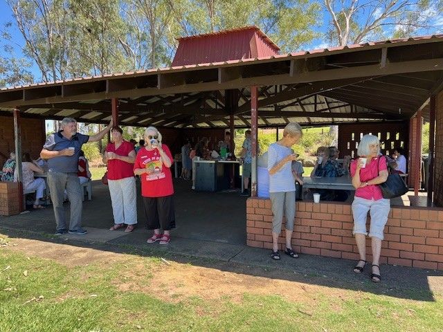 Members & guests enjoying morning tea at Gatton during our December 2025 day-bus trip