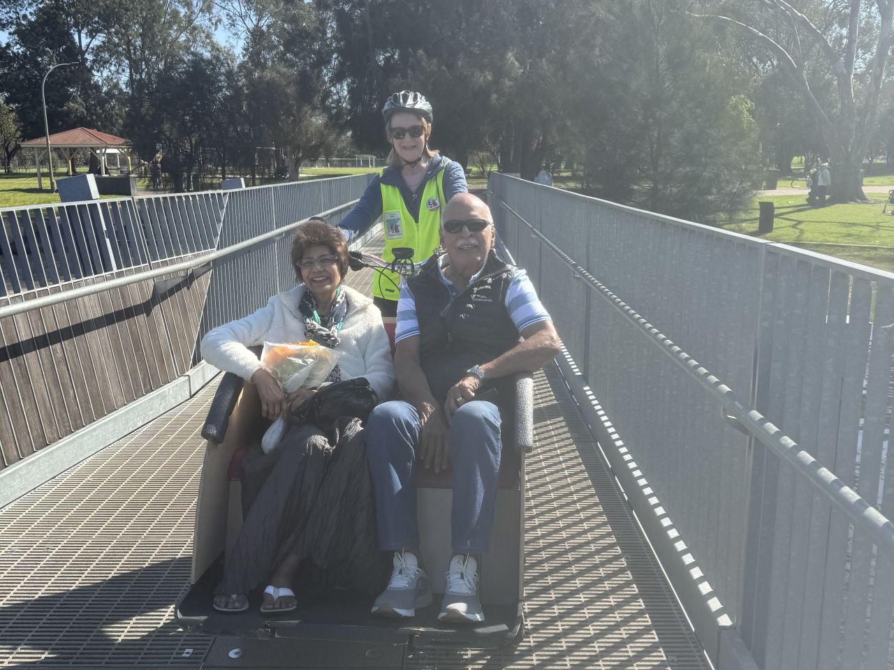 Cheryl & Mel Barrett on a trishaw in Cycling without wheels