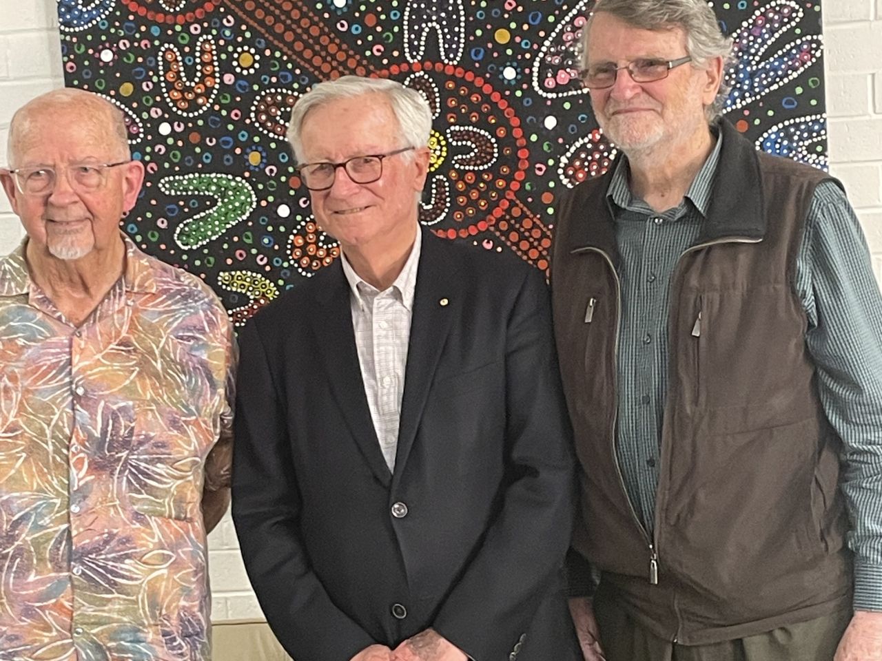 Hon Fred Chaney AO surrounded by President Terry Flanagan and Terry Quinn at the Loftus Community Centre, Leederville