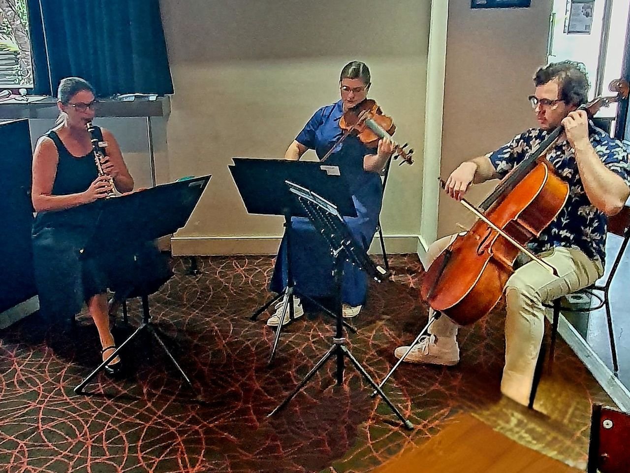 March 2025 General Meeting .
The Argyle Trio performing the Mozart Divertimento  #2 439b. It was played to perfection by Cathy on Clarinet, Elizabeth playing the Viola, and Thomas on Cello. Thank you all so much.