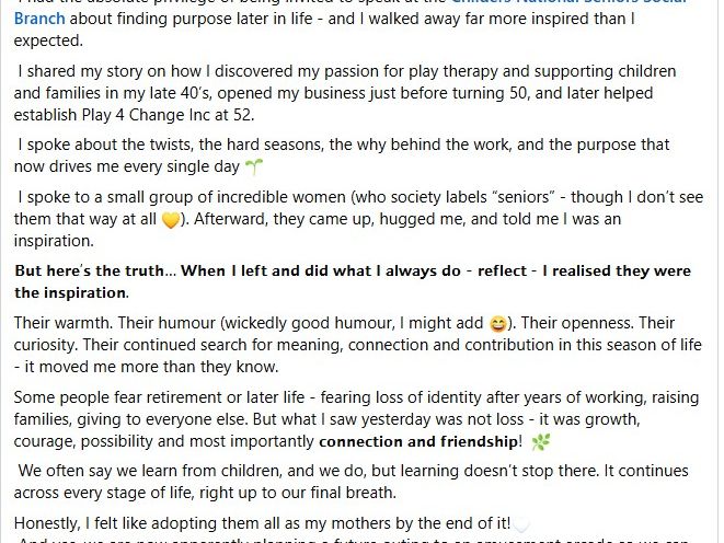Such lovely feedback from the Branch's February guest speaker.

No-one can every really know how much they have touched another's heart if they don't share.

Thank you for sharing what it meant to you Rochelle.

All those in attendance felt the same way.