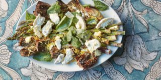 Grilled asparagus and artichokes with goat’s cheese and lemon oil