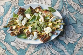 Grilled asparagus and artichokes with goat’s cheese and lemon oil